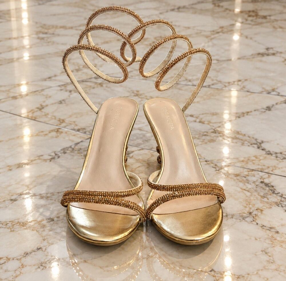 Gold Rhinestone Spiral Ankle Wrap Open Toes High Heels Shoes Sparkle Dressy Sz 9